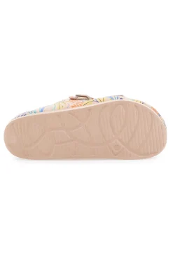 Beige Hausschuhe mit tropischem Muster und Doppelriemen HM06-2T2L New