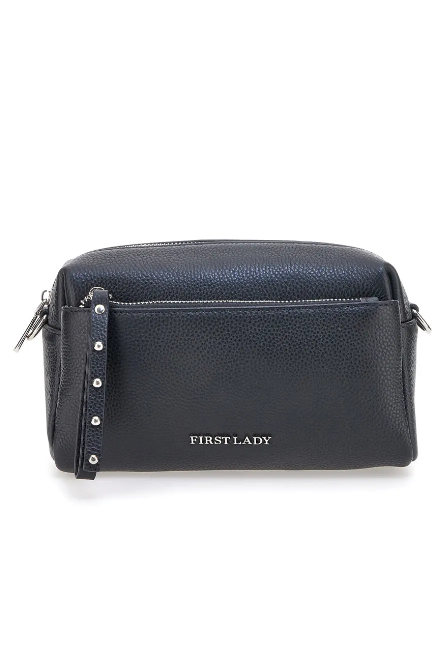 Borsa nera in vera pelle con tracolla e tasche interne First Lady SL 99138