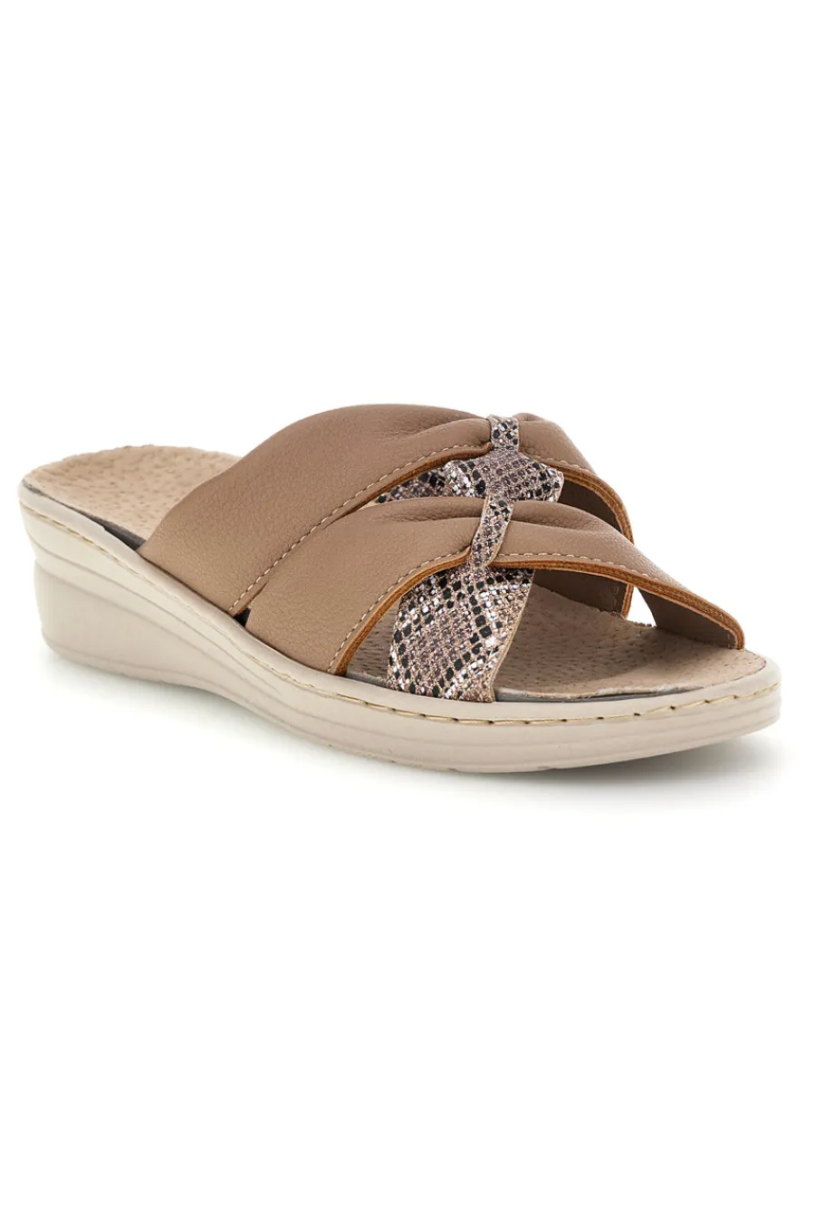 Ciabatte beige con fasce incrociate, inserti animalier e soletta estraibile 1401-PRIMA RIGA Hot