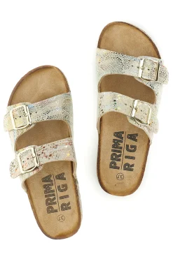 Ciabatte Beige con trama multicolore pitonata e doppia fibbia 14601-PRIMA RIGA New