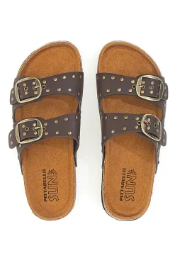Ciabatte marroni in denim con borchie e doppia fibbia SR001-PITTARELLO SUN New