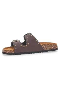 Ciabatte marroni in denim con borchie e doppia fibbia SR001-PITTARELLO SUN New