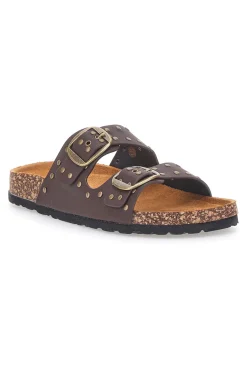 Ciabatte marroni in denim con borchie e doppia fibbia SR001-PITTARELLO SUN New
