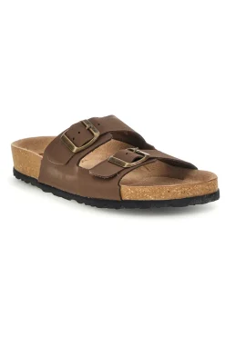 Ciabatte marroni in vera pelle con doppia fascia e fibbie 20 ND-INBLU Outlet