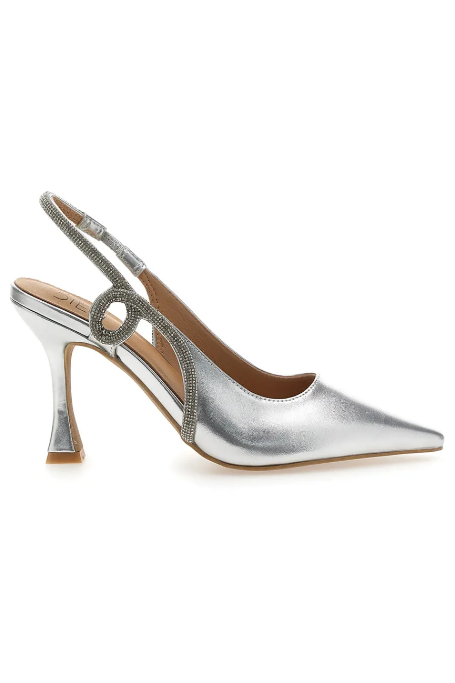 Décolleté Slingback Argento con Punta Sfilata e Cinturino con Strass 8820H118-MON DIEU Outlet