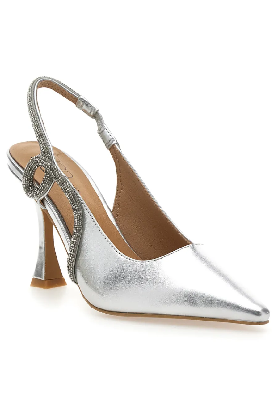 Décolleté Slingback Argento con Punta Sfilata e Cinturino con Strass 8820H118-MON DIEU Outlet