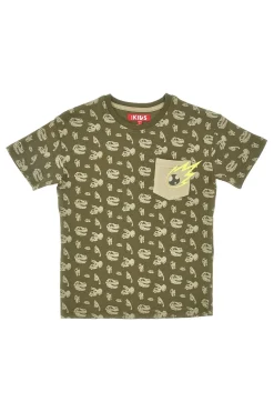 Maglia Girocollo a Maniche Corte Verde con Stampe a Contrasto PITT KIDS PT-K-T-7013