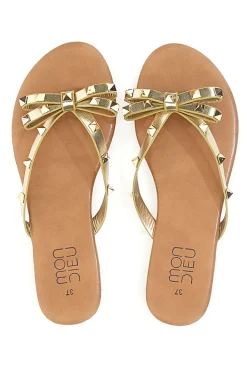 Platin Flip Flops mit Schleife und Nieten PREA842-MON DIEU Hot
