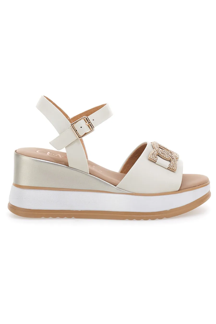 Sandali bianchi in pelle con catena e zeppa Made in Italy 21249-PITTARELLO CLASS Sale
