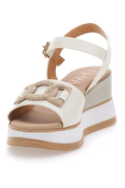 Sandali bianchi in pelle con catena e zeppa Made in Italy 21249-PITTARELLO CLASS Sale