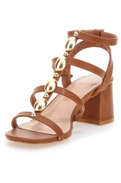 Sandali cuoio con pietre dorate e tacco largo 1644-MON DIEU Discount