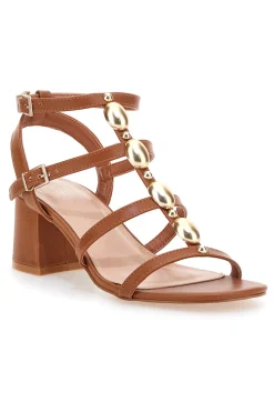 Sandali cuoio con pietre dorate e tacco largo 1644-MON DIEU Discount