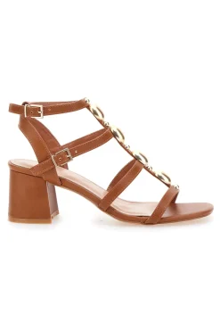 Sandali cuoio con pietre dorate e tacco largo 1644-MON DIEU Discount