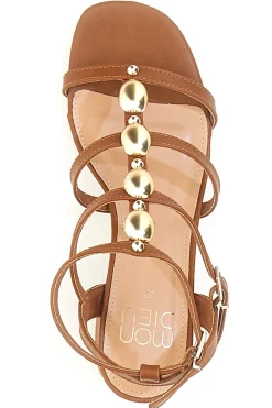 Sandali cuoio con pietre dorate e tacco largo 1644-MON DIEU Discount