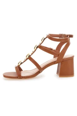 Sandali cuoio con pietre dorate e tacco largo 1644-MON DIEU Discount