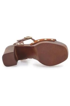 Sandali Marroni con Borchie e Tacco Alto Effetto Legno 35021-PITTARELLO LOVE Outlet