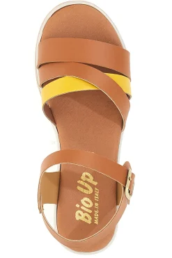 Sandali marroni e gialli con fibbia e sottopiede in vera pelle 406-BIO UP New
