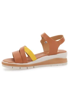 Sandali marroni e gialli con fibbia e sottopiede in vera pelle 406-BIO UP New