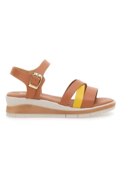 Sandali marroni e gialli con fibbia e sottopiede in vera pelle 406-BIO UP New