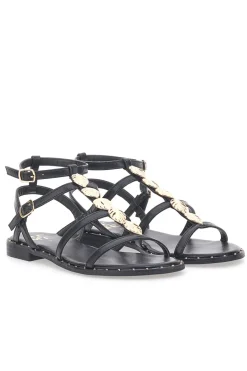 Sandali neri bassi con fascette incrociate e dettagli oro Me & Me 661-ME u0026 ME Discount