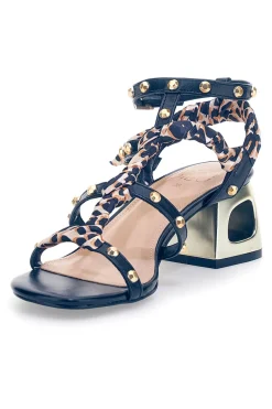 Sandali neri con borchie, lacci animalier e tacco geometrico 1652-MON DIEU Best