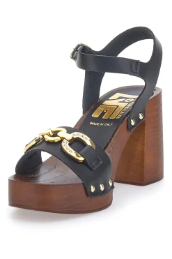 Sandali neri con tacco largo e catena dorata 9086-PITTARELLO LOVE Clearance