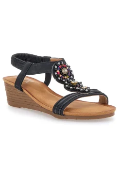 Sandali Neri Con Zeppa e Perline FT0893-PRIMA RIGA Outlet