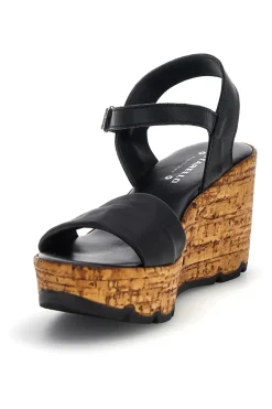 Sandali neri in pelle con zeppa effetto sughero e cinturino 29733002-PITTARELLO New