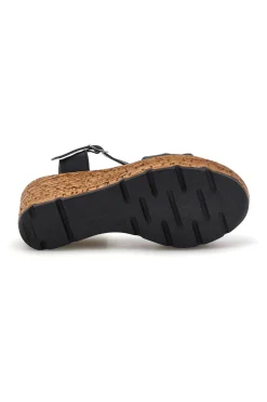 Sandali neri in pelle con zeppa effetto sughero e cinturino 29733002-PITTARELLO New