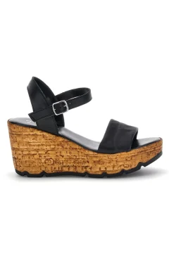 Sandali neri in pelle con zeppa effetto sughero e cinturino 29733002-PITTARELLO New