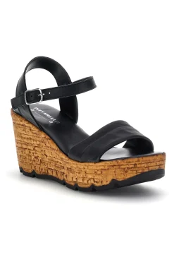 Sandali neri in pelle con zeppa effetto sughero e cinturino 29733002-PITTARELLO New