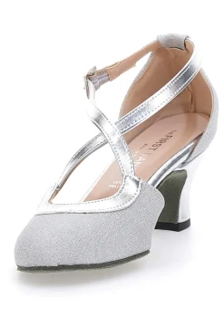 Scarpe da Ballo Platino Con Tacco Basso e Cinturino Incrociato 4555-THE FIRST DANCE Hot