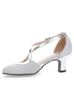 Scarpe da Ballo Platino Con Tacco Basso e Cinturino Incrociato 4555-THE FIRST DANCE Hot