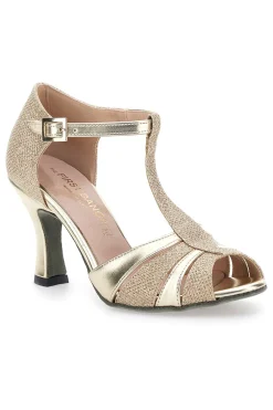 Scarpe da Ballo T-Bar Oro con Punta Aperta e Dettagli Scintillanti 5622-THE FIRST DANCE Clearance