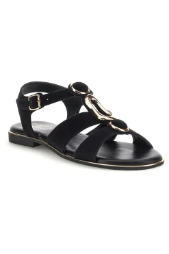 Schwarze Sandalen aus echtem Leder mit ovalen Metall-Accessoires im Pittarello-Look IF10328-PITTARELLO LOOK New