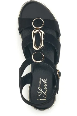 Schwarze Sandalen aus echtem Leder mit ovalen Metall-Accessoires im Pittarello-Look IF10328-PITTARELLO LOOK New