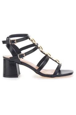 Schwarze Sandalen mit goldenen Steinen und breitem Absatz 1644-MON DIEU Discount