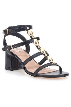 Schwarze Sandalen mit goldenen Steinen und breitem Absatz 1644-MON DIEU Discount