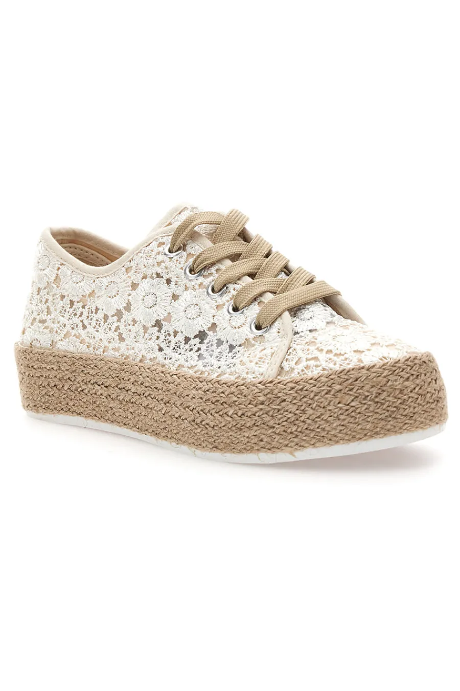 Sneakers bianche beige in crochet con suola in corda E122-ENERGY