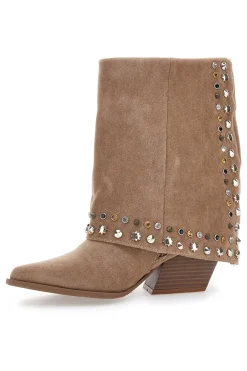 Stivaletti Beige Texani con Borchie Decorative 504-THE FIRST Online