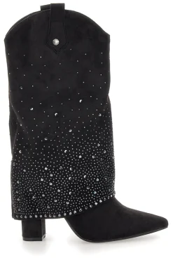 Stivali texani neri con tacco alto e strass P606-THE FIRST Discount