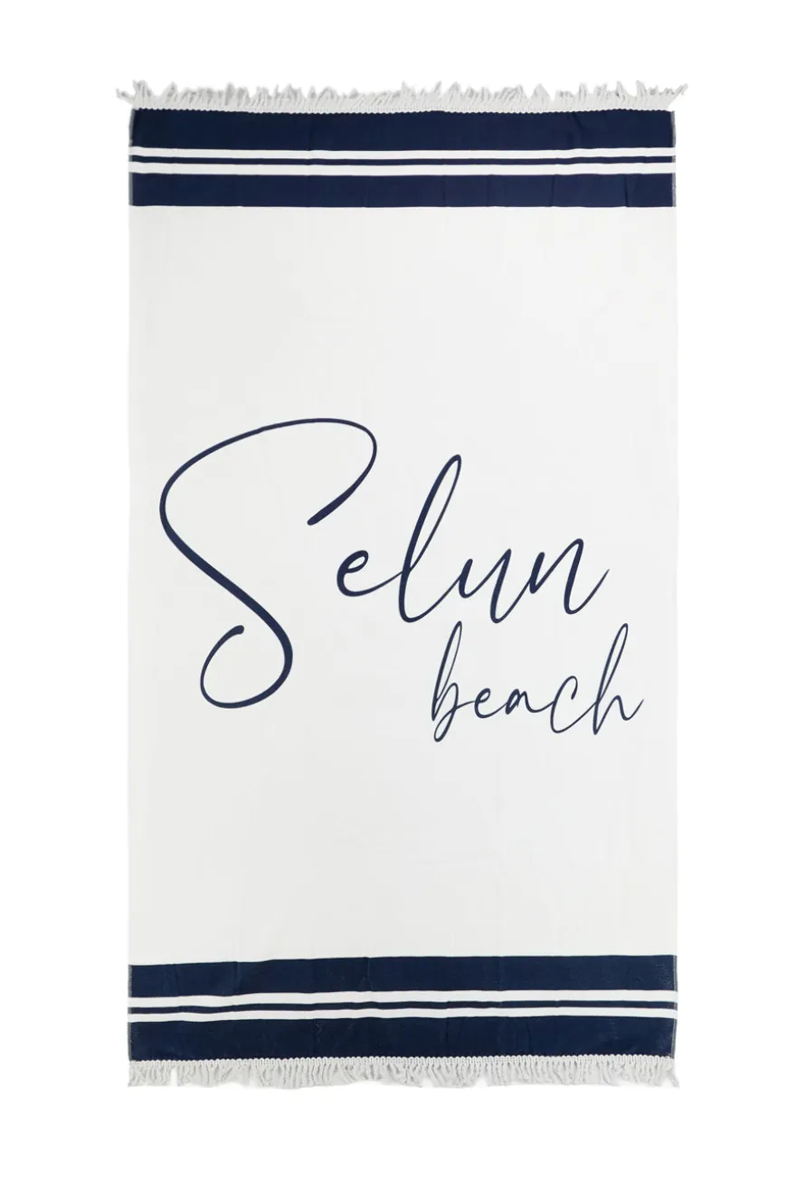 Telo mare bianco blu con frange Selun beach 261009