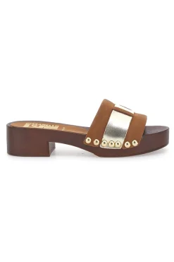 Zoccoli bassi marroni con fascia oro Atene 8657-PITTARELLO LOVE Sale
